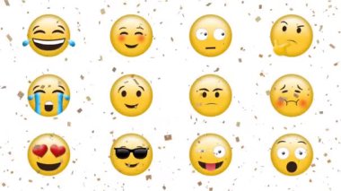 Beyaz arka planda düşen konfetiler üzerine emoji simgelerinin animasyonu. küresel sosyal medya ve iletişim konsepti dijital olarak oluşturulmuş video.