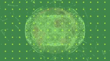 Yeşil arkaplandaki nokta sıraları üzerinden bağlantı ağı olan dünyanın animasyonu. dijital arayüz, iletişim ve teknoloji konsepti dijital olarak oluşturulmuş video.