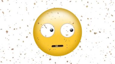 Beyaz arka planda düşen konfeti üzerine korkmuş emoji simgesi animasyonu. küresel sosyal medya ve iletişim konsepti dijital olarak oluşturulmuş video.