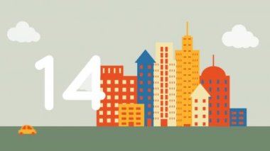 Yüksek binalara karşı yoldaki araçlar üzerinde artan sayıdaki dijital animasyon. Sosyal medya ağı ve teknoloji kavramı