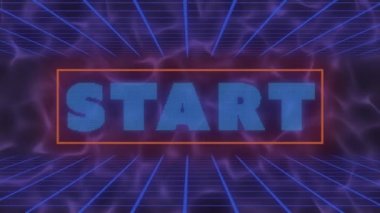 Mavi sıvı arkaplan üzerinde başlangıç metninin canlandırması. Video oyunu, dijital arayüz, iletişim ve eğlence konsepti dijital olarak oluşturuldu.