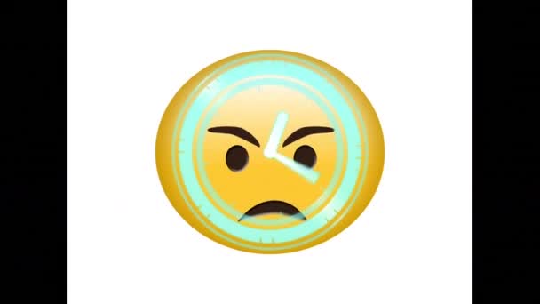 Efeito Estático Néon Relógio Digital Ticking Sobre Emoji Rosto Irritado — Vídeo de Stock