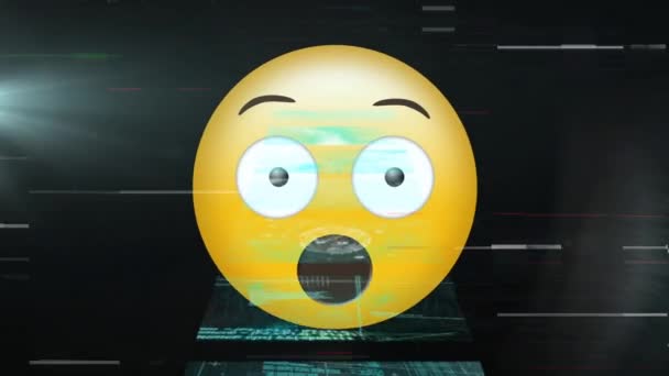 Várias Telas Com Processamento Dados Contra Emoji Rosto Surpreso Fundo — Vídeo de Stock