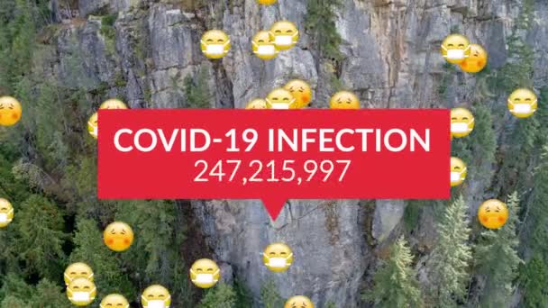 Covid 19感染文字与越来越多的数量和面对情绪对空中俯瞰高山 Coronavirus Covid 19大流行病概念 — 图库视频影像