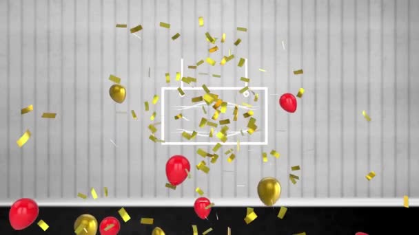 白い背景に金と赤の風船とコンフェッティのアニメーションがフレーム上を移動します パーティーやお祝いのコンセプトをデジタルで — ストック動画