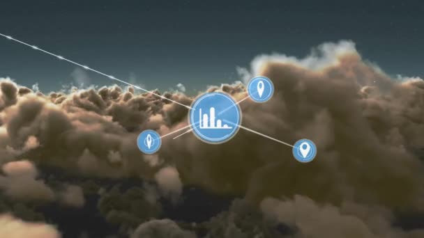 Animacja Sieci Połączeń Ikonami Nad Chmurami Globalny Biznes Połączenia Interfejs — Wideo stockowe
