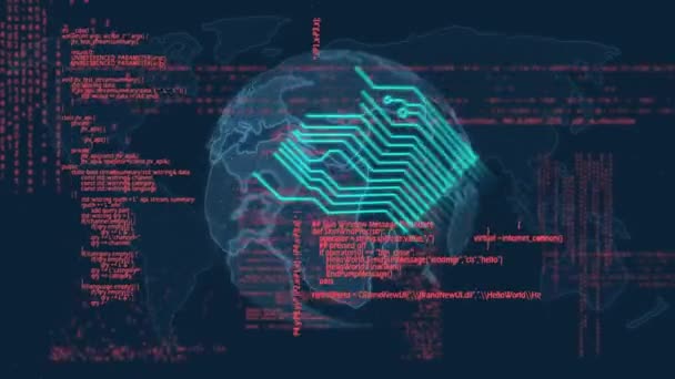 Microprocessor Connections Spinning Globe Data Processing Blue Background Global Networking — Stock Video