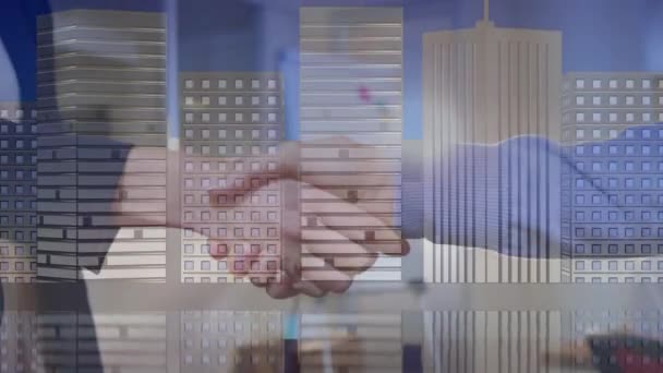 Animation Two Business People Shaking Hands City Buildings Global Communication — Stock Video