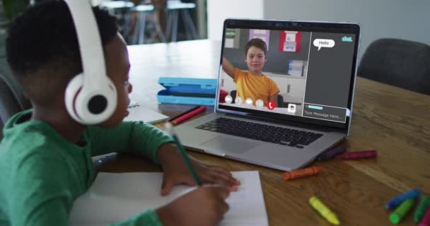 家庭でのオンラインレッスンのためのラップトップを使用して学校の少年は 画面上で手とWebチャットを上げる グローバルコミュニケーション技術とオンライン初等教育の概念デジタル複合体は — ストック動画