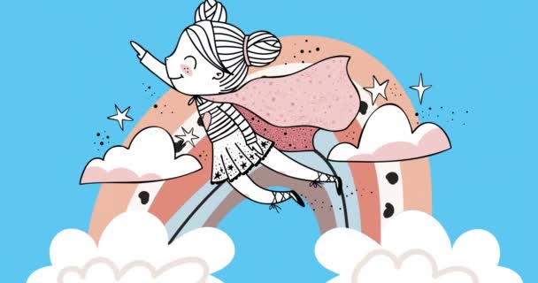 Animation Eines Fliegenden Superheldenmädchens Über Wolken Und Regenbogen Girl Power — Stockvideo