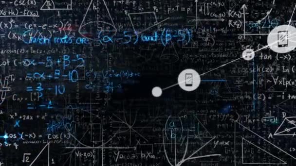 Animace Sítě Spojení Ikonami Přes Matematické Rovnice Globální Věda Zpracování — Stock video