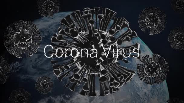 Koronavirový Text Vícenásobné Kovid Buňky Vznášející Nad Rotující Koulí Černém — Stock video
