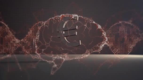 Human Brain Spinning Euro Currency Symbol Falling Breaking Grey Background — Stock Video
