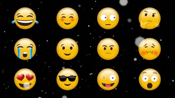 Animation Emojis Ikoner Över Rörliga Vita Fläckar Svart Bakgrund Globalt — Stockvideo