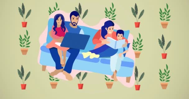 Animacja Szczęśliwej Rodziny Zielonym Tle Szczęśliwa Rodzina Miłość Wsparcie Koncepcja — Wideo stockowe