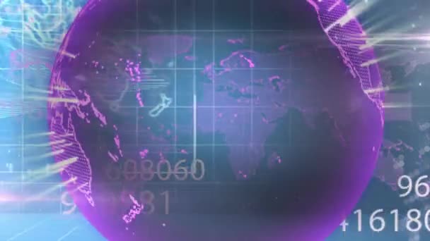 데이터 처리의 애니메이션 사업가 지도에 지구본 글로벌 디지털 인터페이스 디지털 — 비디오