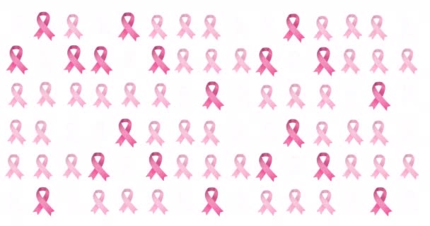 Animering Flera Rosa Band Logotyp Glöder Vit Bakgrund Bröstcancer Positiv — Stockvideo