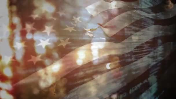 Animation Der Datenverarbeitung Über Amerikanischer Flagge Und Wald Patriotismus Feier — Stockvideo
