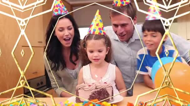 Animacja Złotego Wzoru Nad Szczęśliwą Rodziną Przyjęciu Urodzinowym Koncepcja Imprezy — Wideo stockowe