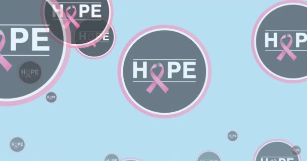 Animation Multiple Pink Ribbon Logo Hope Text Flying Blue Background — Stock Video