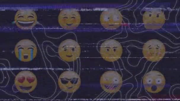 Animering Emojis Ikoner Över Ljud Skärmen Och Rörliga Vita Linjer — Stockvideo