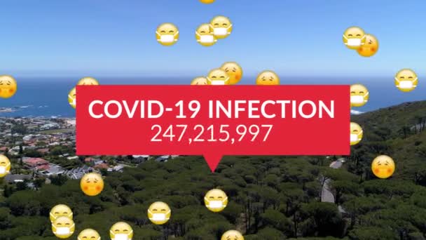 都市の空中の景色に対する数字と顔絵文字の増加とCovid 19感染テキスト コロナウイルスCovid 19パンデミックの概念 — ストック動画