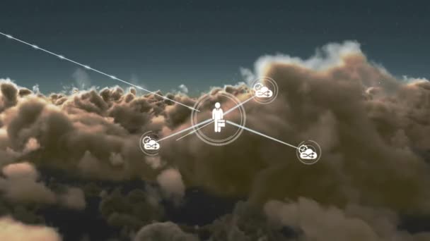 Анімація Мереж Язків Піктограмами Над Хмарами Небом Глобальні Онлайн Єднання — стокове відео