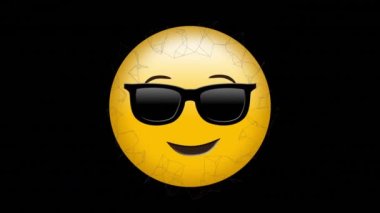Yüze karşı yüzen soyut geometrik şekiller siyah arka planda güneş gözlüğü emojisi takıyorlar. ifade ve iletişim kavramı