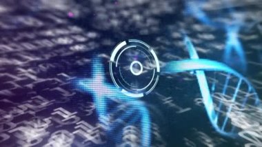 Kapsam taraması animasyonu, ikili kodlama üzerinde dönen DNA ipliği. küresel bilim, dijital arayüz ve veri işleme kavramı dijital olarak oluşturulmuş video.