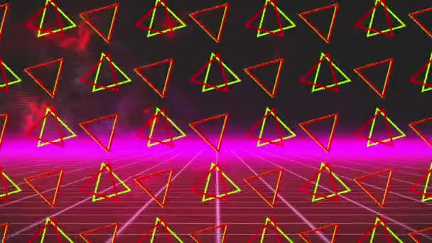 Animation Rotating Green Red Triangles Pink Grid Glowing Pink Horizon — Stock Video