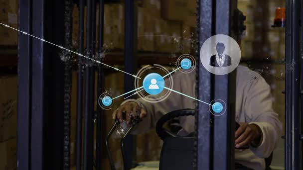 창고에서 일하는 사람에 아이콘 연결의 네트워크 애니메이션 글로벌 비즈니스 데이터 — 비디오