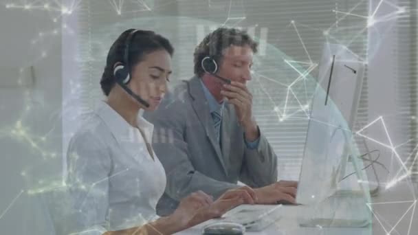 Animation Network Connections Icons Business People Using Phone Headsets Global — Stock Video