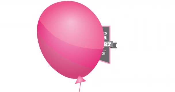 Animation Flygande Rosa Ballong Över Rosa Band Logotyp Och Bröstcancer — Stockvideo