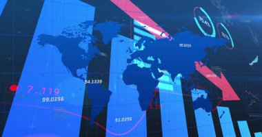 Dünya haritasına inen kırmızı okla finansal veri işleme ile çizilmiş bir çizgi resmi. küresel finans teknolojisi dijital arayüz konsepti dijital olarak oluşturulmuş görüntü.