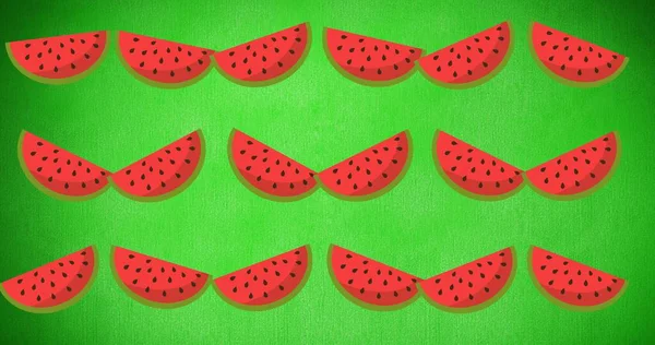 Sammansättning Rader Vattenmelon Skivor Grön Bakgrund Sommar Frukt Och Färg — Stockfoto