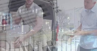 Teslimatçı ve minibüsle ilgili istatistik ve finansal veri işleme animasyonları. küresel gönderim, dağıtım, iş, veri işleme ve teknoloji konsepti dijital olarak oluşturulmuş video.