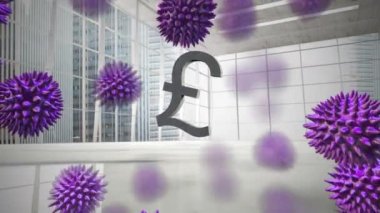 Multiple covid-19 cells floating over pound currency symbol falling and breaking against office. global economic recession due to covid-19 pandemic concept