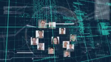 Küresel iş profili simgeleri veri işleme ve dönen küreye karşı mavi arka planda. iş ağı ve bilgisayar arayüzü teknolojisi kavramı