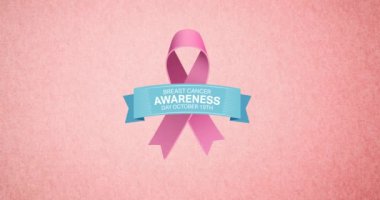 Pembe arka planda birden fazla pembe kurdele logosu ve göğüs kanseri metni görünüyor. Göğüs kanseri pozitif farkındalık kampanyası konsepti dijital olarak üretildi.