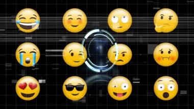 Neon yuvarlak tarayıcının dijital animasyonu siyah arkaplana karşı birden fazla yüz emojisi üzerinde. ifade ve iletişim kavramı