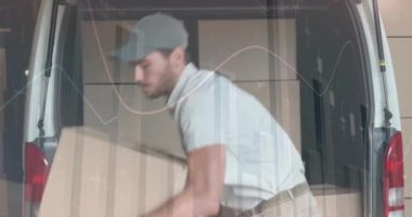 Teslimatçı ve minibüsle ilgili istatistik ve finansal veri işleme animasyonları. küresel gönderim, dağıtım, iş, veri işleme ve teknoloji konsepti dijital olarak oluşturulmuş video.