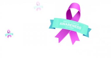 Beyaz arka planda birden fazla pembe kurdele logosu ve göğüs kanseri metni görünüyor. Göğüs kanseri pozitif farkındalık kampanyası konsepti dijital olarak üretildi.