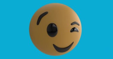 Mavi arka planda göz kırpan yüz emojisinin dijital animasyonu. Sosyal medya ağı ve teknoloji kavramı