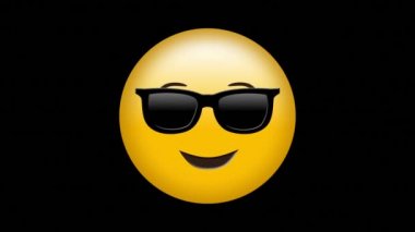 Siyah arka planda güneş gözlüğü emojisi takan kırmızı parçacıkların dijital animasyonu. ifade ve iletişim kavramı