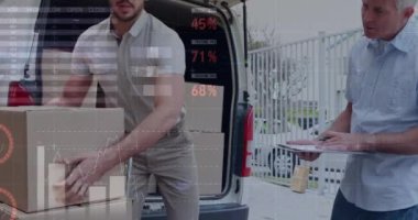 Teslimat kamyonunda kutu istiflemekte olan Kafkas kurye hakkında istatistiksel veri işleme. lojistik ve ulaşım sektörü kavramı