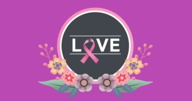 Animation of pink ribbon logo and breast love with flowers on purple. breast cancer positive awareness campaign concept digitally generated video.