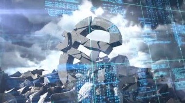 Veri işleme şebekesi üzerinden gökyüzündeki bulutlara karşı bozuk avro para birimi sembolü ile karşılaştırılıyor. küresel ekonomi ve durgunluk kavramı