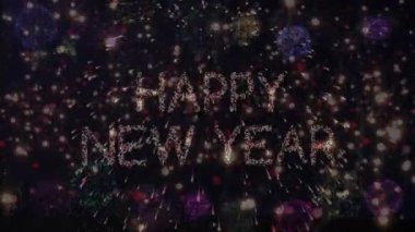 Havai fişeklerin patlaması üzerine yeni yıl mesajlarının animasyonu. Yeni yıl partisi ve dijital olarak üretilen video konsepti.