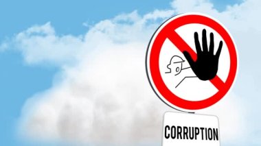 Mavi gökyüzündeki bulutlara karşı yolsuzluğu durduran işaret levhası. uyarı ve uyarı kavramı