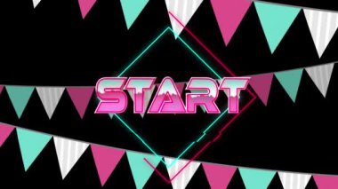 Bunting üzerinde pembe metalik harflerle başlayan metnin animasyonu. Video oyunu, eğlence ve dijital arayüz kavramı dijital olarak oluşturuldu.